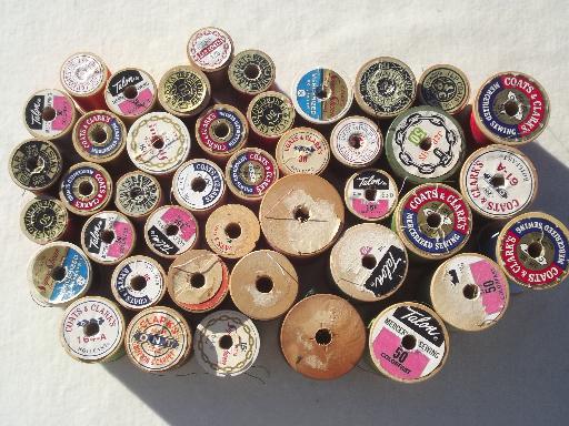 photo of vintage cotton sewing thread lot, a rainbow of threads on old wood spools #2