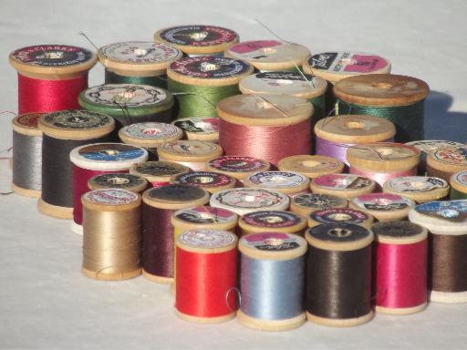 photo of vintage cotton sewing thread lot, a rainbow of threads on old wood spools #3