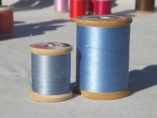 photo of vintage cotton sewing thread lot, a rainbow of threads on old wood spools #5