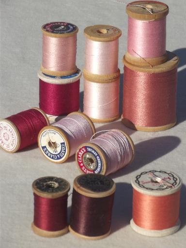 photo of vintage cotton sewing thread lot, a rainbow of threads on old wood spools #10