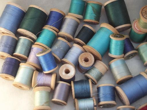 photo of vintage cotton sewing thread lot, a rainbow of threads on old wood spools #3