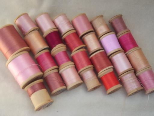 photo of vintage cotton sewing thread lot, a rainbow of threads on old wood spools #8