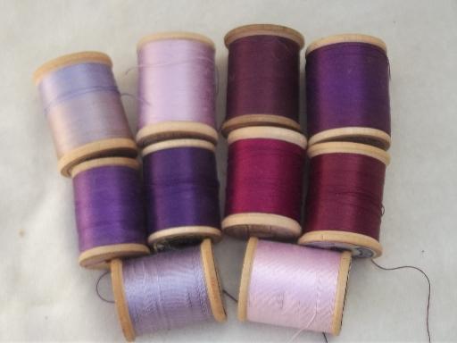 photo of vintage cotton sewing thread lot, a rainbow of threads on old wood spools #9