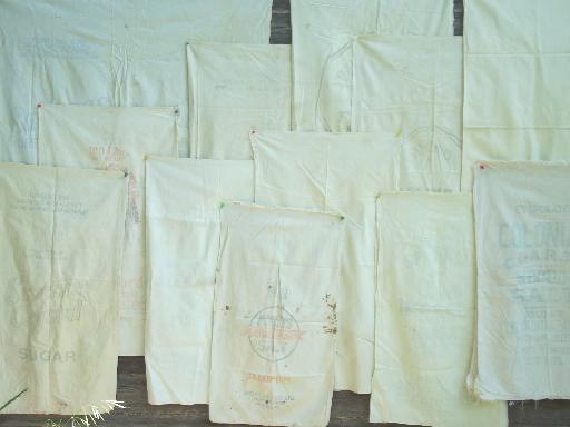 photo of vintage cotton sugar & flour sacks, old feedsack fabric w/ faded printing  #1