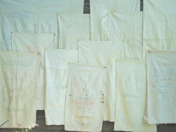 catalog photo of vintage cotton sugar & flour sacks, old feedsack fabric w/ faded printing 