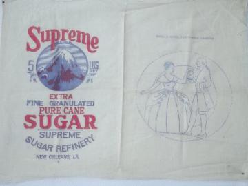 catalog photo of vintage cotton sugar sack, feedsack fabric w/ stamped to embroider design 