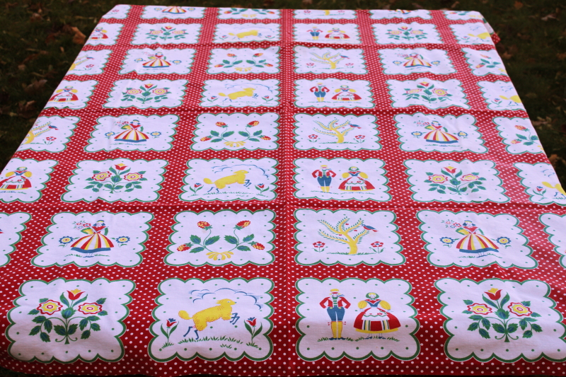photo of vintage cotton tablecloth, Pennsylvania Dutch folk art print blocks w/ red polka dotted border  #1