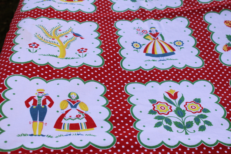 photo of vintage cotton tablecloth, Pennsylvania Dutch folk art print blocks w/ red polka dotted border  #2