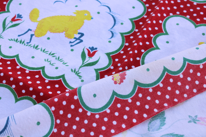photo of vintage cotton tablecloth, Pennsylvania Dutch folk art print blocks w/ red polka dotted border  #3