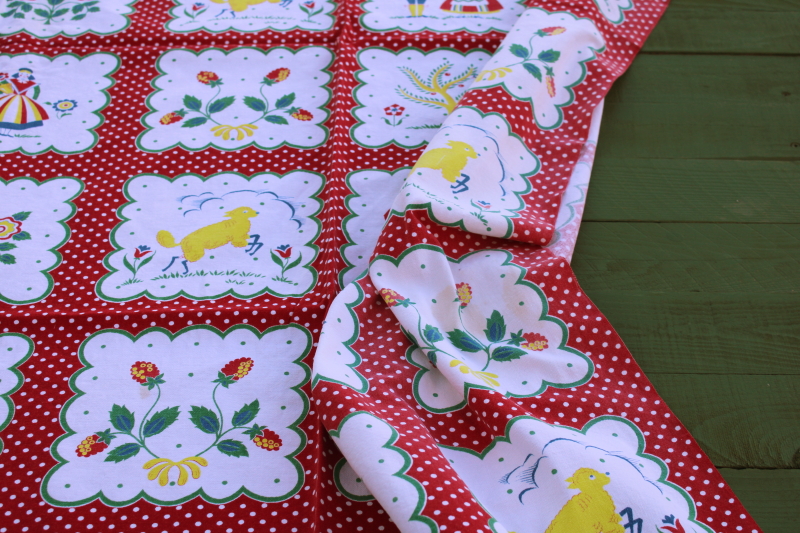 photo of vintage cotton tablecloth, Pennsylvania Dutch folk art print blocks w/ red polka dotted border  #4