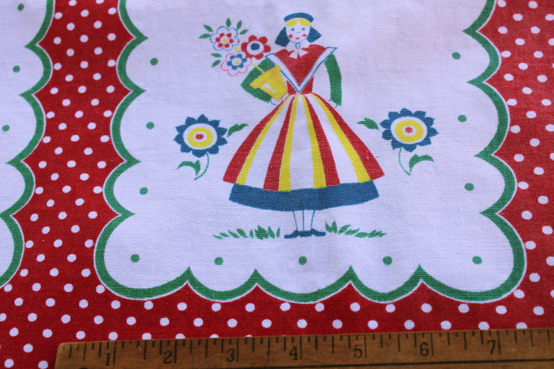 photo of vintage cotton tablecloth, Pennsylvania Dutch folk art print blocks w/ red polka dotted border  #5