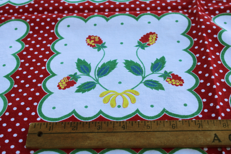 photo of vintage cotton tablecloth, Pennsylvania Dutch folk art print blocks w/ red polka dotted border  #6