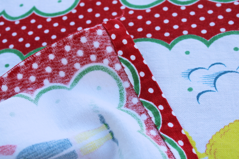 photo of vintage cotton tablecloth, Pennsylvania Dutch folk art print blocks w/ red polka dotted border  #7