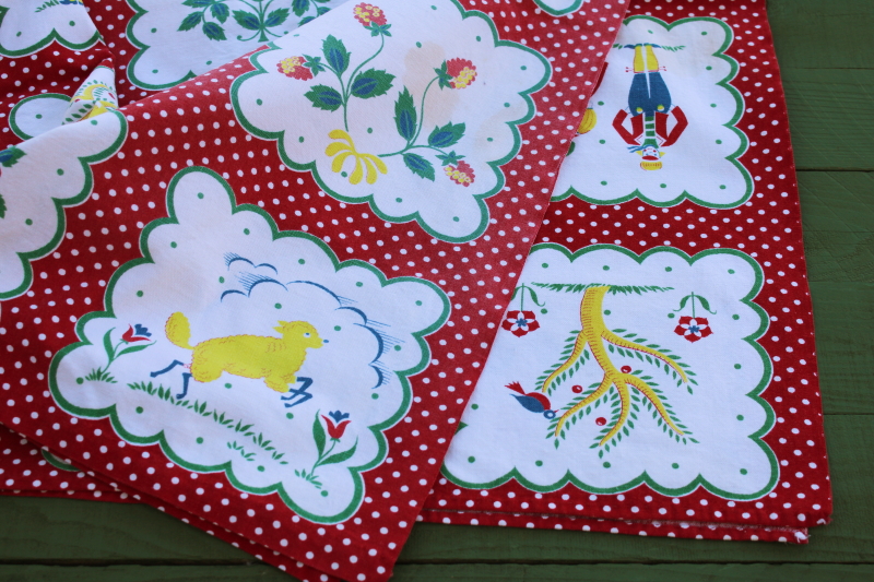 photo of vintage cotton tablecloth, Pennsylvania Dutch folk art print blocks w/ red polka dotted border  #8