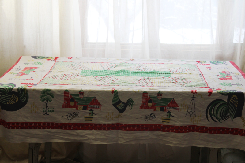 photo of vintage cotton tablecloth for farmhouse kitchen, colorful print rooster & farm barns country fields #1