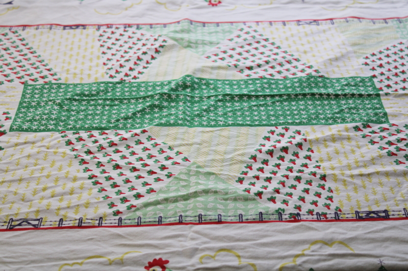 photo of vintage cotton tablecloth for farmhouse kitchen, colorful print rooster & farm barns country fields #2