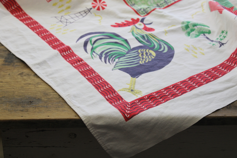 photo of vintage cotton tablecloth for farmhouse kitchen, colorful print rooster & farm barns country fields #3