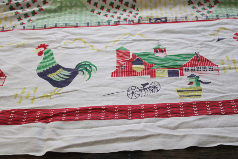 photo of vintage cotton tablecloth for farmhouse kitchen, colorful print rooster & farm barns country fields #4