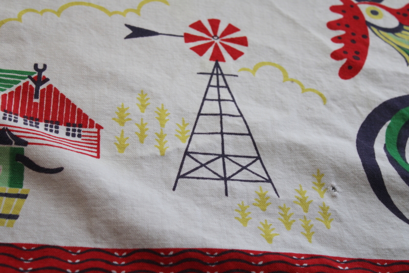 photo of vintage cotton tablecloth for farmhouse kitchen, colorful print rooster & farm barns country fields #5