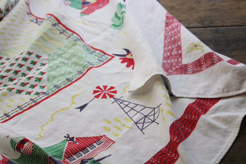 photo of vintage cotton tablecloth for farmhouse kitchen, colorful print rooster & farm barns country fields #6