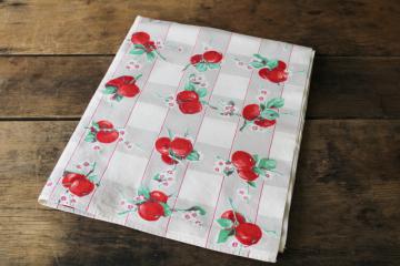 catalog photo of vintage cotton tablecloth for upcycle fabric or retro kitchen, apples & apple blossom