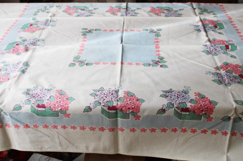 photo of vintage cotton tablecloth for upcycle fabric or retro kitchen, flower boxes print #5