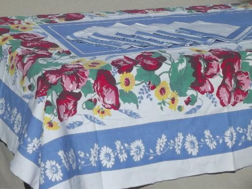 photo of vintage cotton tablecloth & napkins set w/ sunflowers & poppies print #1