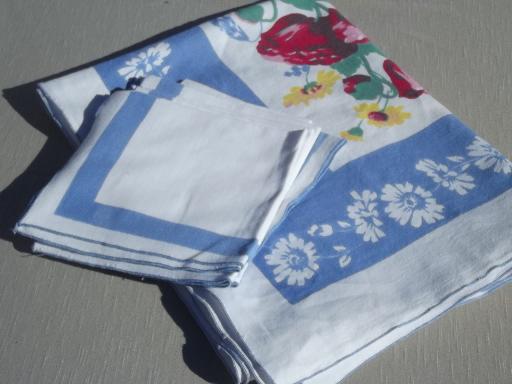 photo of vintage cotton tablecloth & napkins set w/ sunflowers & poppies print #3