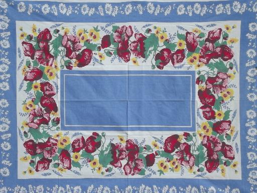 photo of vintage cotton tablecloth & napkins set w/ sunflowers & poppies print #4