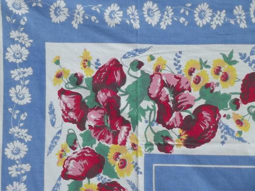 photo of vintage cotton tablecloth & napkins set w/ sunflowers & poppies print #5