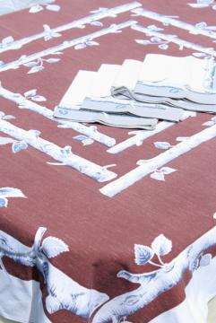 vintage cotton tablecloth, rustic woodland birch log print table cloth for camp or cabin 