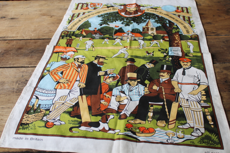 photo of vintage cotton tea towel, English cricket game village green print tribute to WG Grace #1