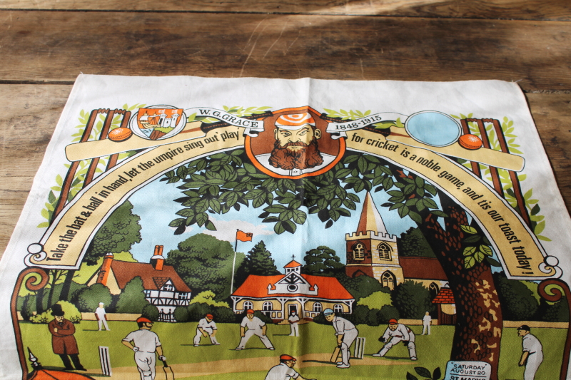 photo of vintage cotton tea towel, English cricket game village green print tribute to WG Grace #2