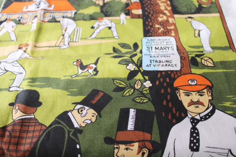 photo of vintage cotton tea towel, English cricket game village green print tribute to WG Grace #3