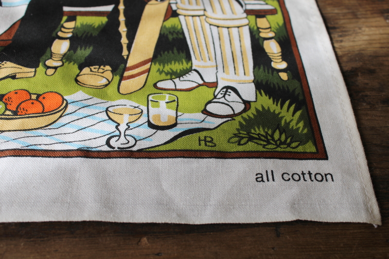 photo of vintage cotton tea towel, English cricket game village green print tribute to WG Grace #4