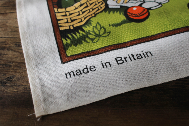 photo of vintage cotton tea towel, English cricket game village green print tribute to WG Grace #5