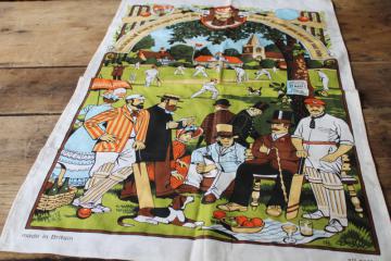 vintage cotton tea towel, English cricket game village green print tribute to WG Grace