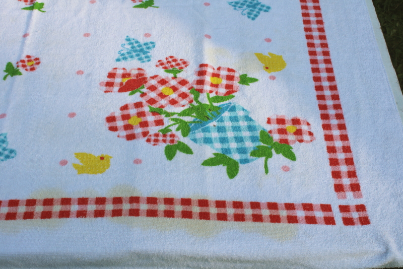 photo of vintage cotton terry cloth tablecloth, gingham checked flowers print towel fabric casual patio picnic table  #2
