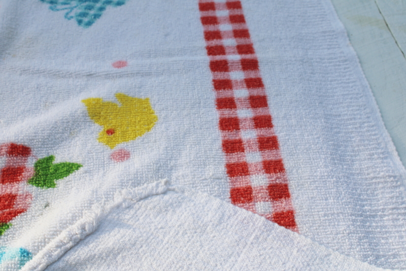 photo of vintage cotton terry cloth tablecloth, gingham checked flowers print towel fabric casual patio picnic table  #6