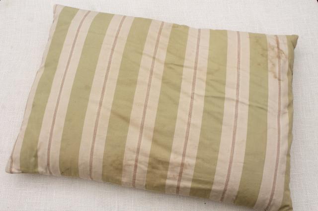 photo of vintage cotton ticking pillows, pair of large feather filled bed pillows #3