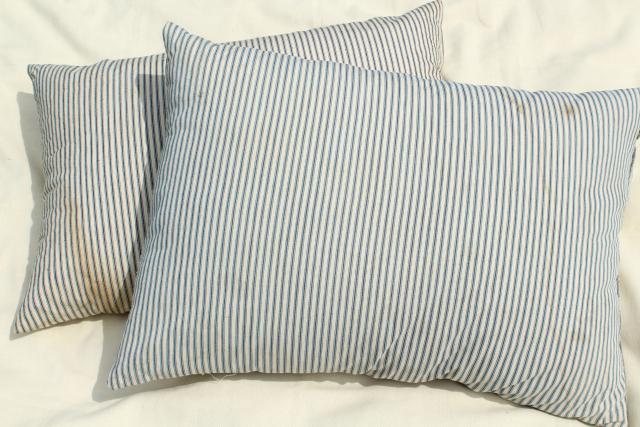 photo of vintage cotton ticking stripe pillows, large heavy feather filled bed pillows #1