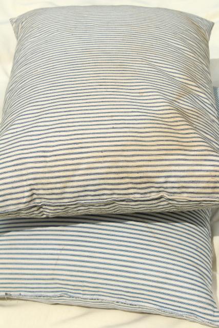 photo of vintage cotton ticking stripe pillows, large heavy feather filled bed pillows #4