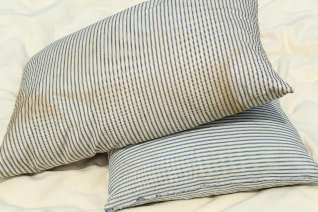 photo of vintage cotton ticking stripe pillows, large heavy feather filled bed pillows #8