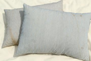 catalog photo of vintage cotton ticking stripe pillows, large heavy feather filled bed pillows