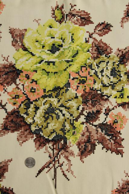 photo of vintage cotton upholstery fabric, cross stitch print floral brown, blush pink, lime green #1