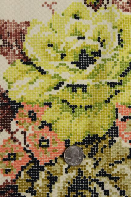 photo of vintage cotton upholstery fabric, cross stitch print floral brown, blush pink, lime green #3