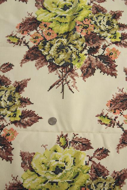 photo of vintage cotton upholstery fabric, cross stitch print floral brown, blush pink, lime green #4