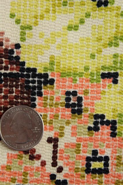 photo of vintage cotton upholstery fabric, cross stitch print floral brown, blush pink, lime green #5