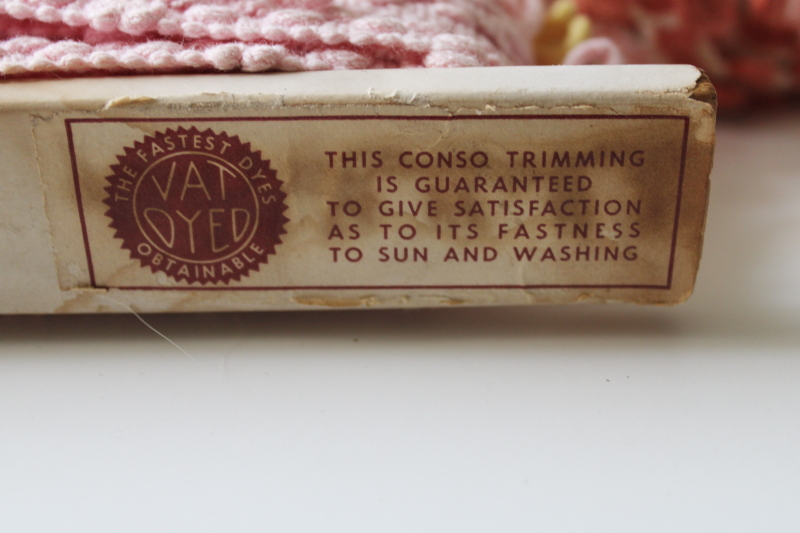 photo of vintage cotton upholstery or lampshade trims, retro pastels pink yellow, looped braid & fringe #3