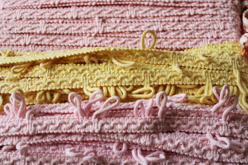 photo of vintage cotton upholstery or lampshade trims, retro pastels pink yellow, looped braid & fringe #4